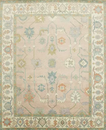 8'x10' Stylish Pink and Blue Oushak Wool Rug Featuring Geometric Medallions