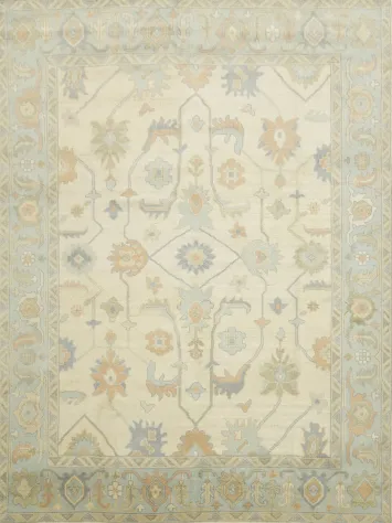 Pastel Cream and Blue Traditional Oushak Hand Made Area Rug 9x12