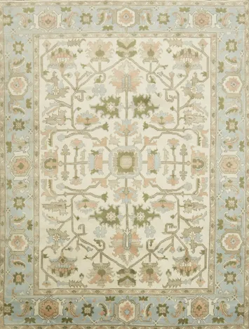 Traditional Oushak Cream and Blue Pastel Hue Hand Made Area Rug 9x12