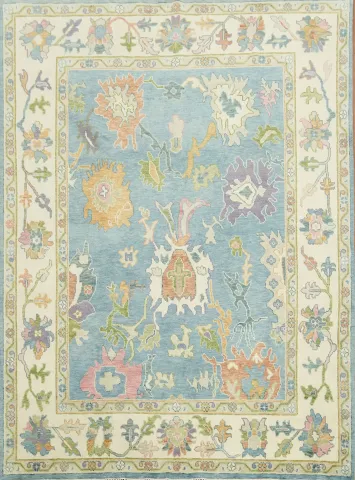Traditional All-Over Pattern Light Blue and Pink Oushak Wool Rug 9x12