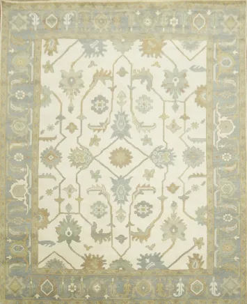 Cream and Blue Traditional Oushak Hand Made Area Rug 8x10