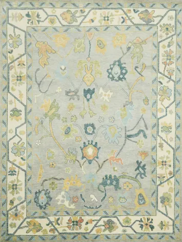 Colorful Botanical Grey Oushak Area Rug with Intricate Floral Patterns 9' x 12'