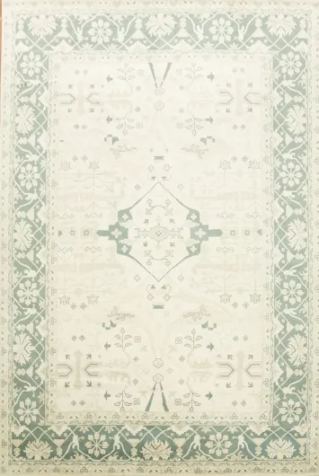 Large 12x18 Traditional Oushak Rug, Hand-Made Teal & Ivory Wool Palace Rug