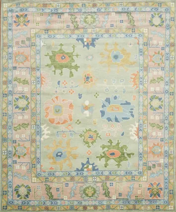 Pastel Green and Pink Traditional Oushak Hand Made Large Rug 12'x14'