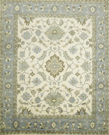 Traditional White and Blue Oushak Hand Made Large Rug 12x15 ft