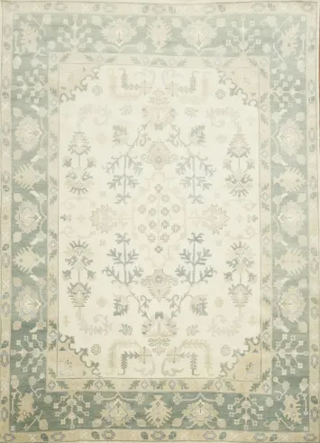 Ivory and Green Traditional Oushak Hand Made Large Rug 10x14