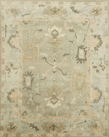 Green and Blue Traditional Oushak Hand-Knotted Wool Area Rug 9x12
