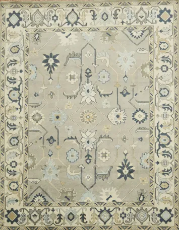 All-Over Pattern Grey and Ivory Oushak Living Room Rug 9' x 12'