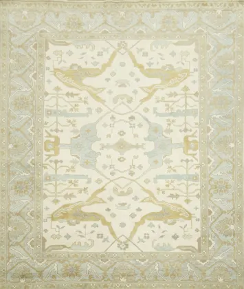 Cream and Blue Traditional Oushak Hand Made Area Rug 8x10