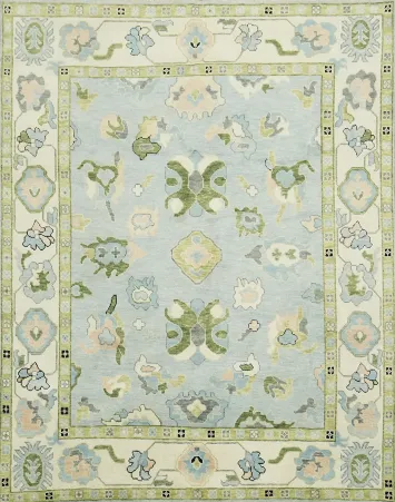Light Blue and Green Traditional Oushak Hand Made Area Rug 8x10