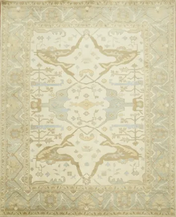 Hand-Knotted 8x10 Traditional Oushak Wool Rug - Beige & Cream