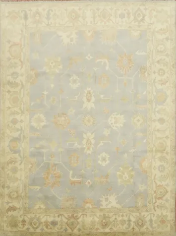Subtle Colors Accent Light Blue and Ivory Oushak Hand-Knotted Rug 9' x 12'