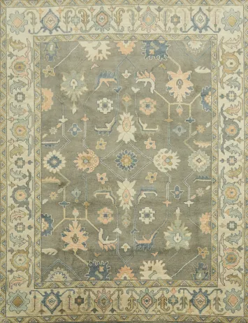 Traditional Beige and Grey Rug with Intricate Botanical Patterns 9x12 ft