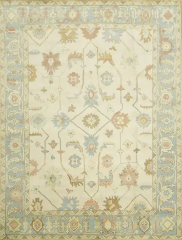 Traditional Ivory and Light Blue Oushak Hand Made Area Rug 9x12
