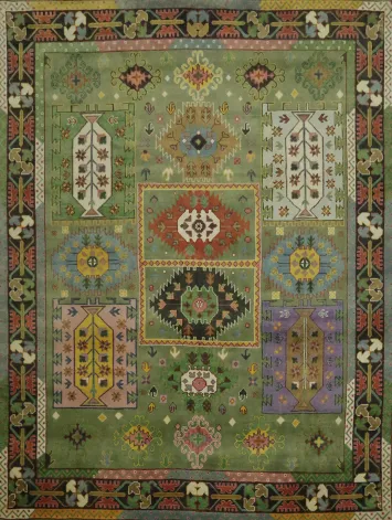 Vibrant Green Geometric Pattern Kazak Hand-Knotted Wool Rug 9' x 12'