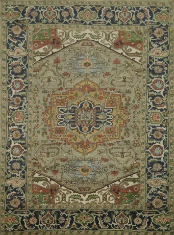 Green and Navy Blue Geometric Heriz Serapi Oriental Area Rug 9x12