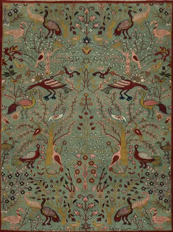 Hand-Knotted Ziegler Oriental Wool Rug - Bird & Floral Design - 9x12 Area Rug