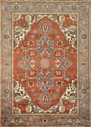 Red and Blue Traditional Heriz Serapi Large Rug - 10' x 14' Hand-Knotted