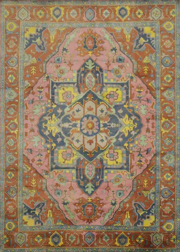 Pink and Yellow Traditional Heriz Serapi Oriental Large Rug - 10' x 14' Hand-Knotted