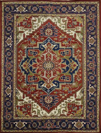 Heriz Serapi Traditional Medallion Rug in Rich Red and Navy Hues 9x12 ft