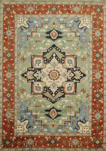 Green and Blue Traditional Heriz Serapi Oriental Large Rug - 10' x 14' Hand-Knotted