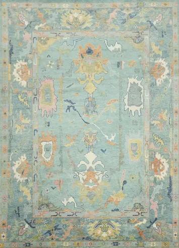 Hand-Knotted 10x14 Traditional Oushak Wool Rug - Light Blue & Pink