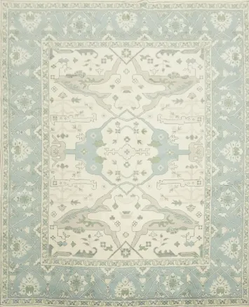 Cream and Blue Traditional Oushak Hand Made Area Rug 8x10