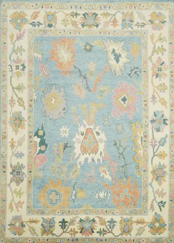 Hand-Knotted 10x14 Traditional Oushak Wool Rug - Light Blue & Pink