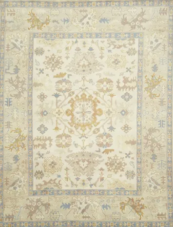9x12 Hand-Made Oushak Rug - Traditional Geometric Design in Muted Earth Tones