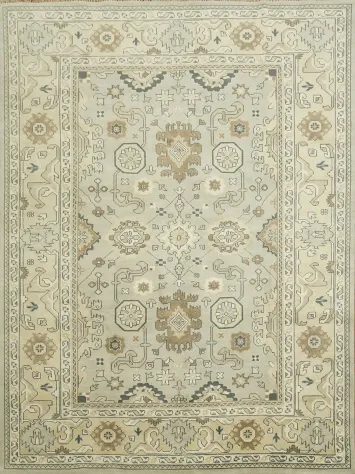 9x12 Beige & Light Blue Oushak Traditional Geometric Rug in Muted Earth Tones