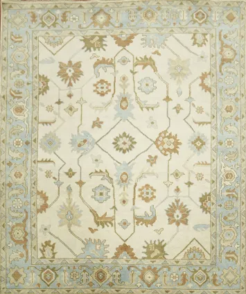 Oushak Hand-Knotted Wool Rug - Traditional 8x10 Cream and Blue