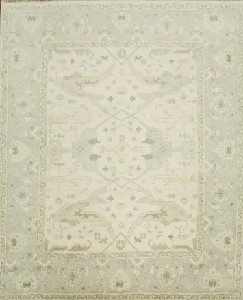 Cream and Blue Soft-Toned Oushak Hand-Knotted Wool Rug 8x10