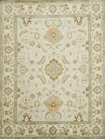 9x12 Luxurious Oushak Oriental Beige and Light Blue Rug with Classic Motifs
