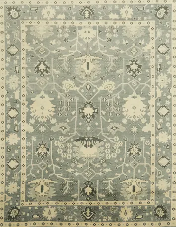 Elegant Blue and Beige Oushak Hand-Knotted Wool Living Room Rug 9'x12'