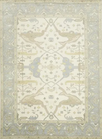 9x12 Hand-Knotted 100% Wool Area Rug - Beige & Light Blue Geometric Oushak
