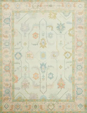 All-Over Floral 9'x12' Oushak Hand-Knotted Pastel Oriental Area Rug