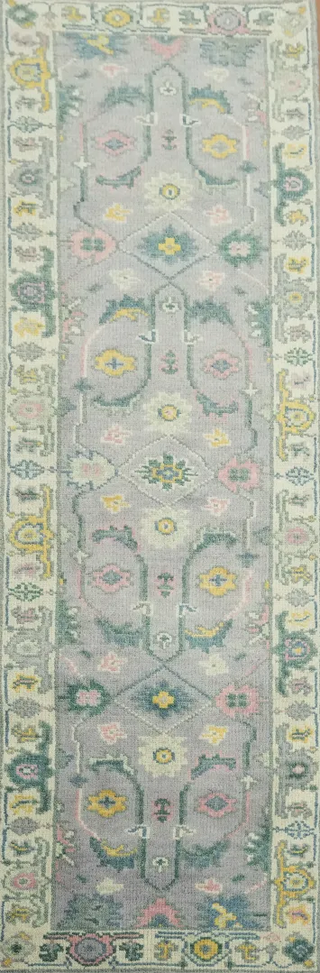 Light Lavender Traditional Oushak Hand-Knotted Wool Runner Rug - 3x8