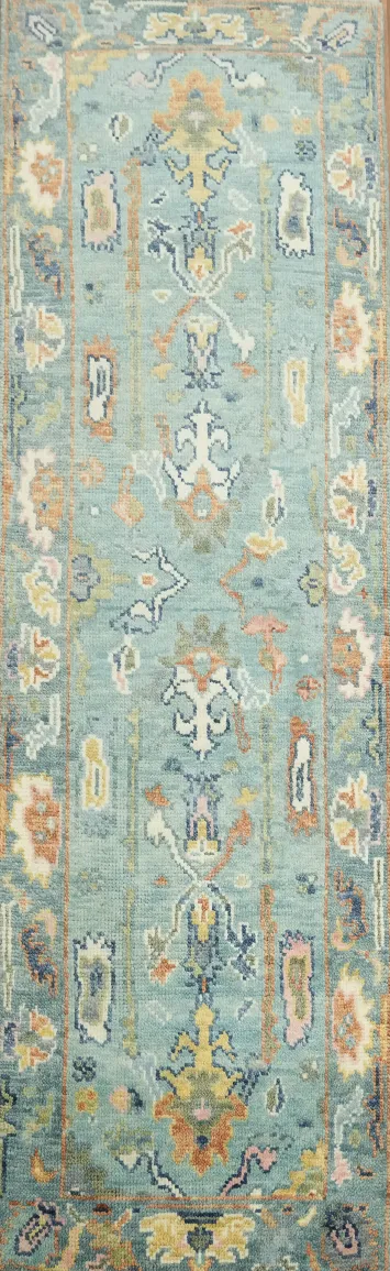 Light Blue Traditional Oushak Hand-Knotted Wool Runner Rug - 2'x8'