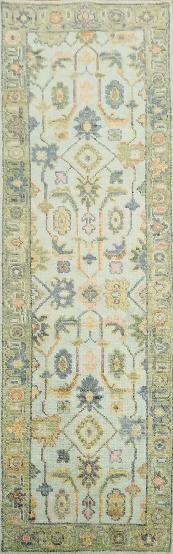 Light Blue and Green Traditional Oushak Hand-Knotted Wool Runner Rug - 2'x8'