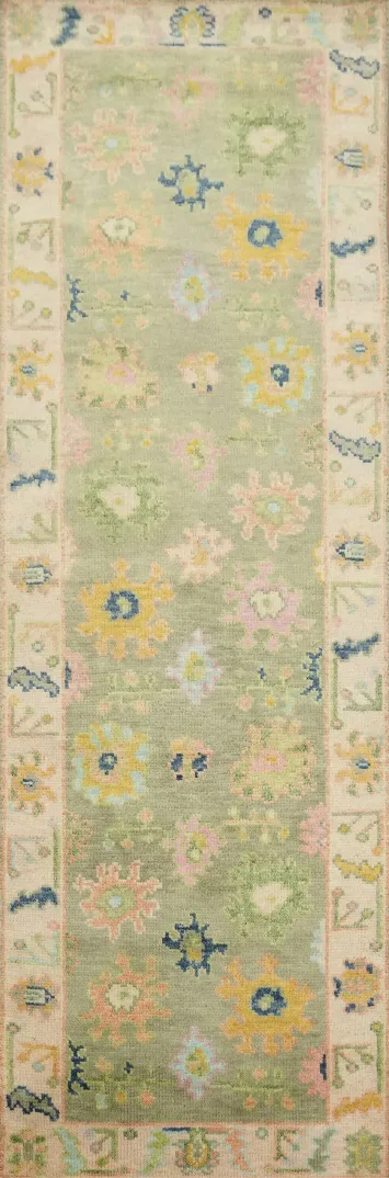 Traditional Oushak Hand-Knotted Wool Runner Rug - 3x8, Green/Ivory