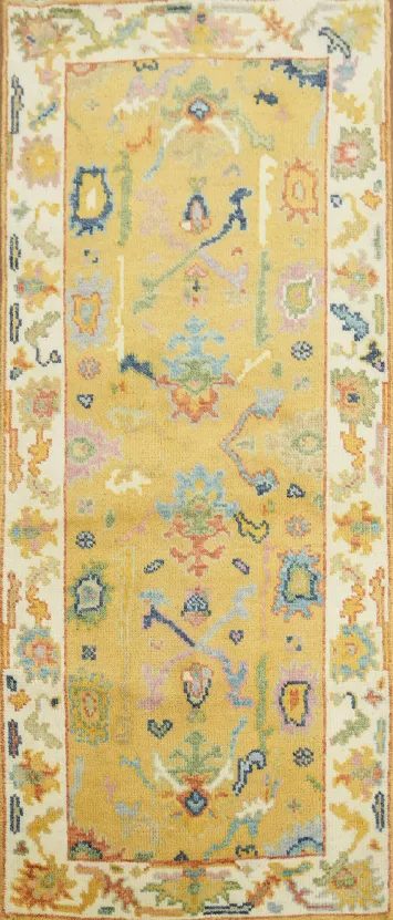 Vibrant Abstract Yellow Oushak Runner Rug 6' 1'' x 2' 7''