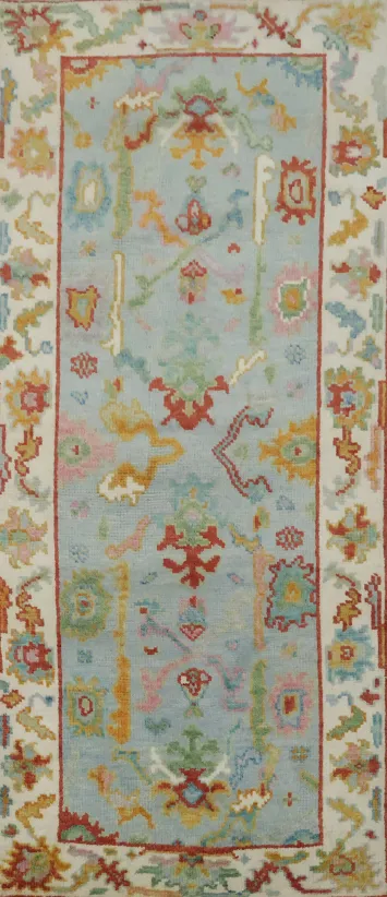 Light Blue Traditional Oushak Hand Made Wool Runner Rug  6' 0'' x 2' 7''