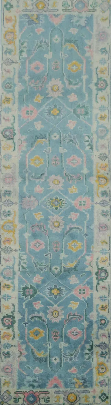 Light Blue and Pink Traditional Oushak Hand-Knotted Wool Runner Rug 7' 11'' X 2' 2''