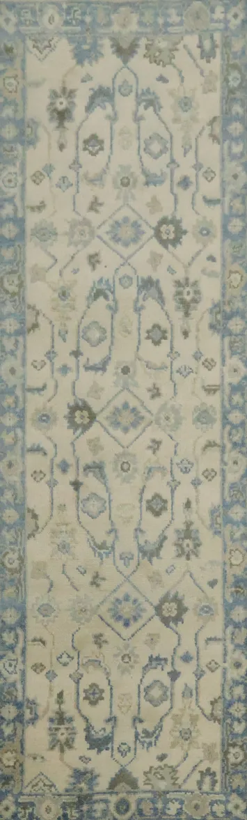 Classic Blue and Beige Patterned Oushak Runner Rug for Entryway 8' 7'' X 2' 7''