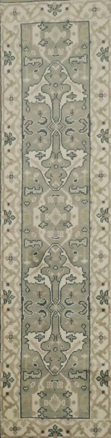 Classic Sage and Ivory Oushak Runner Rug Perfect for Long Corridors 9' 10'' X 2' 6''