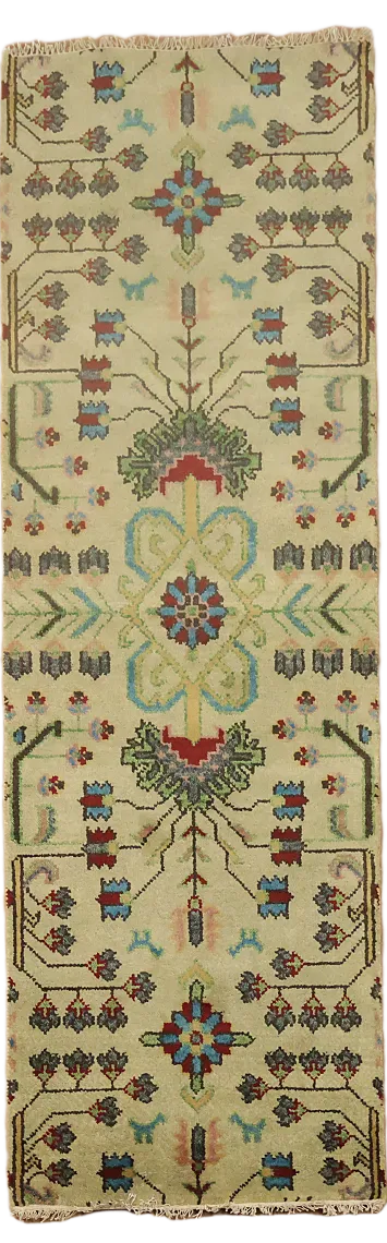Charming Geometric Cream Hand-Knotted Runner Rug 2x8 ft