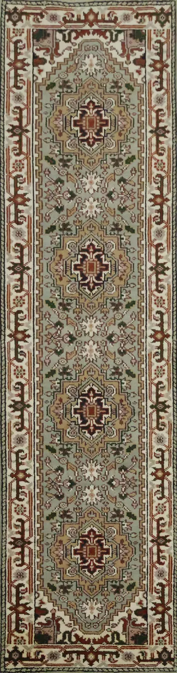 Sage Green Heriz-Serapi Traditional Runner Rug Wool 10' 1'' X 2' 8''