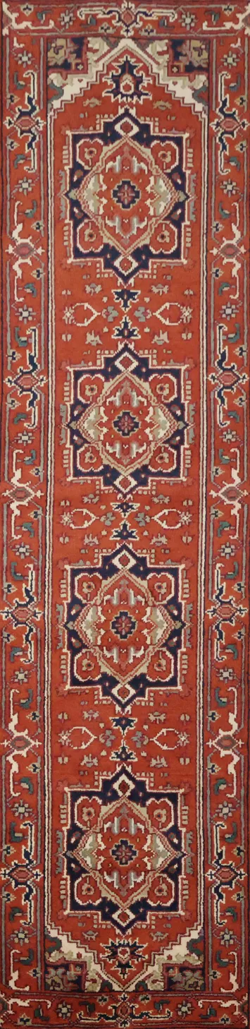 Heriz Serapi Traditional Red and Navy Hallway Runner Rug 10' 3'' X 2' 6''