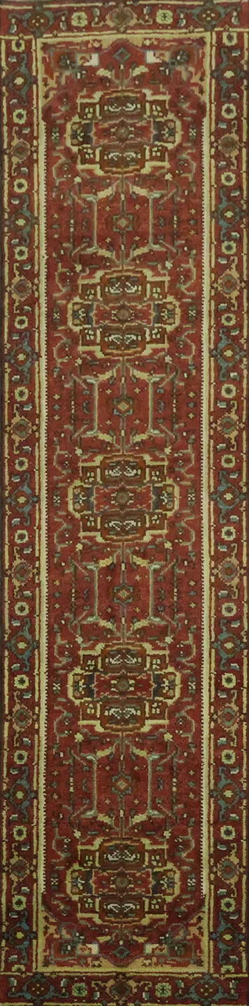 Heriz Serapi Traditional Red and Green Hallway Runner Rug 10' 1'' X 2' 6''
