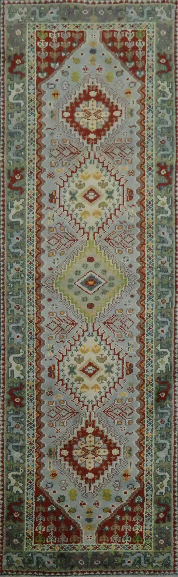 Geometric Tribal Light Blue and Green Viss Oriental Runner Rug 8' 1'' X 2' 6''